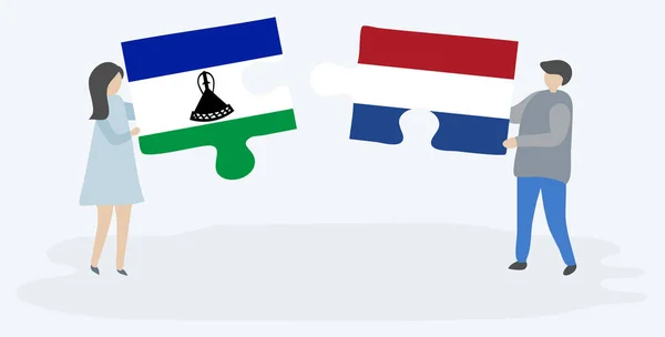 Casal Segurando Duas Peças Quebra Cabeças Com Bandeiras Basotho Holandesas — Vetor de Stock