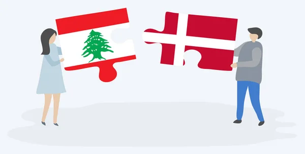 Pareja Sosteniendo Dos Piezas Rompecabezas Con Banderas Libanesas Danesas Líbano — Archivo Imágenes Vectoriales