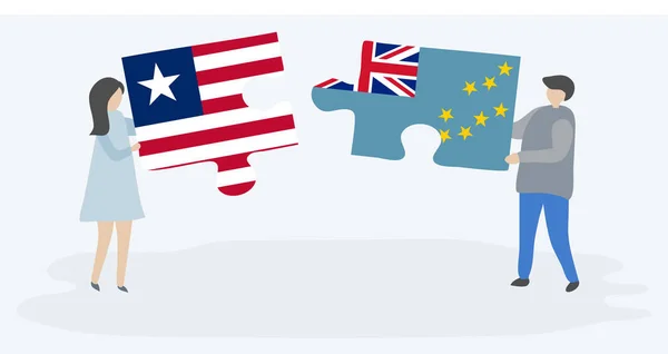 Para Trzymania Dwóch Puzzli Liberii Tuvalu Flagi Liberia Tuvalu Symbole — Wektor stockowy