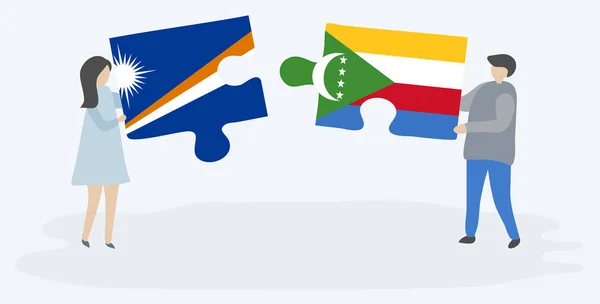 Pareja Sosteniendo Dos Piezas Rompecabezas Con Banderas Marshallese Comoran Islas — Vector de stock