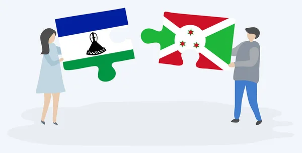Casal Segurando Duas Peças Quebra Cabeças Com Bandeiras Basotho Burundianas —  Vetores de Stock