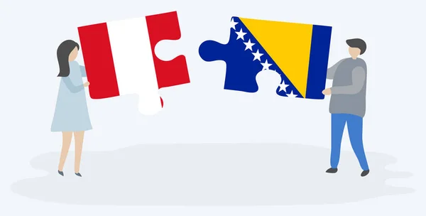 Couple Holding Two Puzzles Pieces Peruvian Bosnian Flags Peru Bosnia — Stock Vector