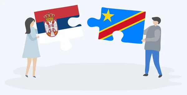 Ζευγάρι Που Κρατά Δύο Κομμάτια Παζλ Σερβικές Και Κονγκό Σημαίες — Διανυσματικό Αρχείο