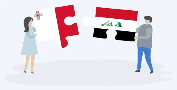 Couple Tenant Deux Pièces Puzzles Avec Des Drapeaux Maltais Irakiens — Image vectorielle