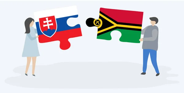 Couple Tenant Deux Pièces Puzzles Avec Des Drapeaux Slovaque Vanuatuan — Image vectorielle