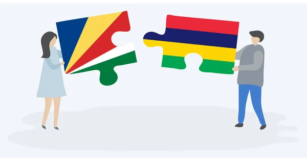 Seychellois Moritanya Bayrakları Ile Iki Bulmaca Parçaları Tutan Çift Seyşeller — Stok Vektör
