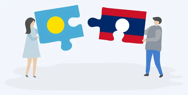 Pár Gazdaság Két Rejtvények Darab Palauan Lao Zászlók Palau Laosz — Stock Vector