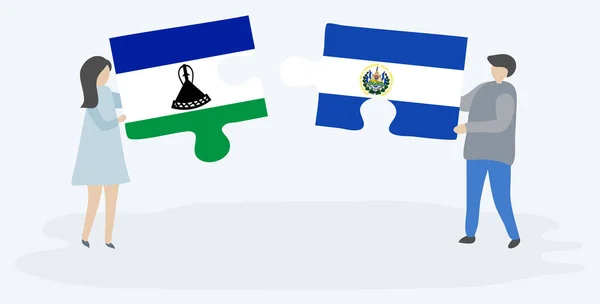 Couple Tenant Deux Pièces Puzzles Avec Des Drapeaux Basotho Salvadoriens — Image vectorielle
