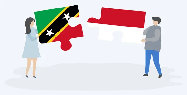 Paar Houden Twee Puzzels Stukken Met Kittitian Monegaskische Vlaggen Saint — Stockvector