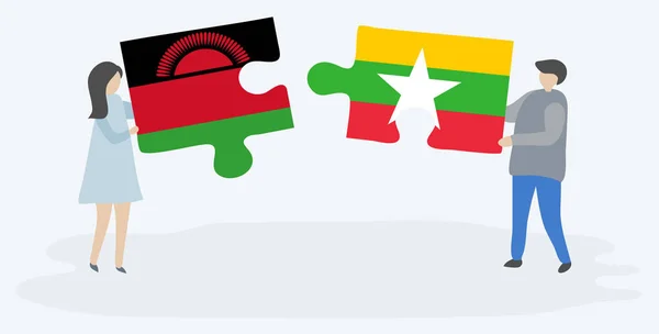 Para Trzyma Dwa Kawałki Puzzli Malawi Birmańskich Flag Malawi Myanmar — Wektor stockowy