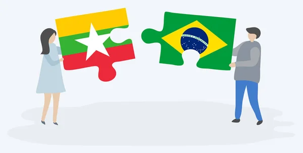 Pár Gazdaság Két Rejtvények Darab Burmai Brazil Zászlók Mianmar Brazília — Stock Vector