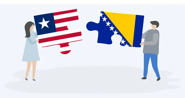 Casal Segurando Duas Peças Quebra Cabeças Com Bandeiras Liberianas Bósnias — Vetor de Stock