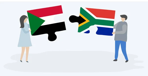 Para Trzyma Dwa Kawałki Puzzli Sudanu Flagi Rpa Symbole Narodowe — Wektor stockowy