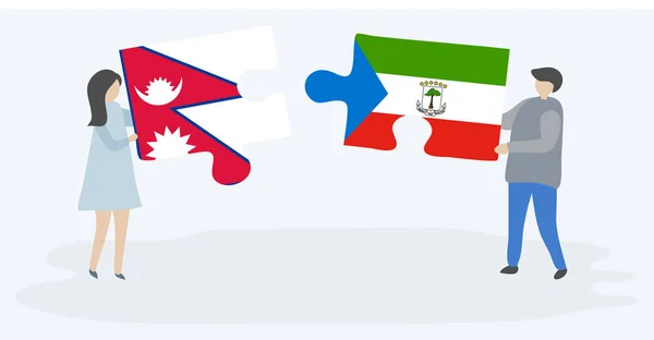 Para Trzyma Dwa Kawałki Puzzli Nepalską Równikowej Flagi Gwinejskie Nepal — Wektor stockowy