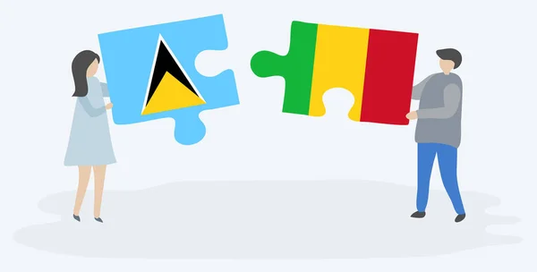Couple Holding Two Puzzles Pieces Saint Lucian Malian Flags Saint — Stock Vector