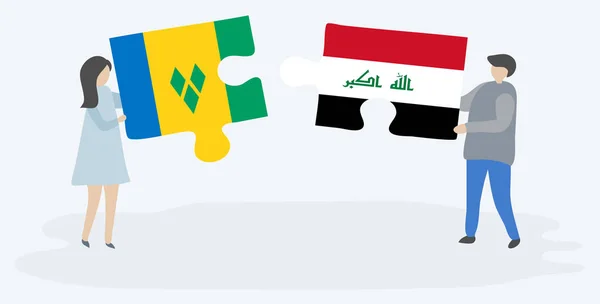 ビンセンティアンとイラクの旗を持つ2つのパズルのピースを保持しているカップル セントビンセントとグレナディーン諸島とイラクの国のシンボル — ストックベクタ