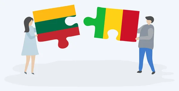 Paar Houden Twee Puzzels Stukken Met Litouwse Malian Vlaggen Litouwen — Stockvector