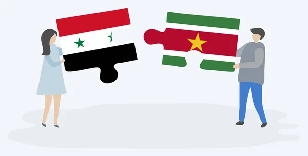 Casal Segurando Duas Peças Quebra Cabeças Com Bandeiras Sírias Surinamesas — Vetor de Stock