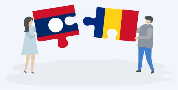 ラオスとルーマニアの旗を持つ2つのパズルのピースを保持しているカップル ラオスとルーマニアの国のシンボル — ストックベクタ