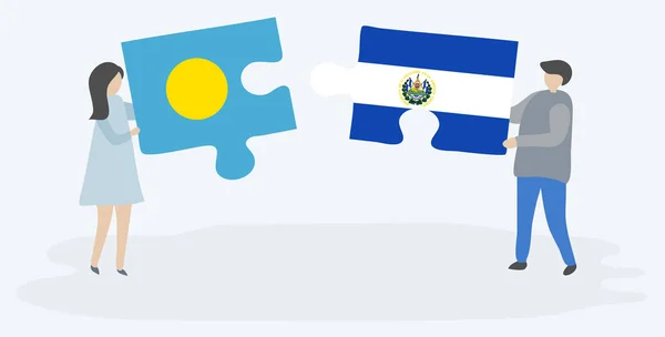 Para Trzyma Dwa Puzzle Kawałki Palauan Salwador Flagi Palau Salwador — Wektor stockowy