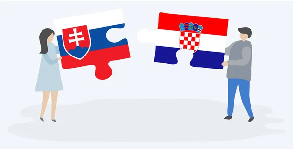 Casal Segurando Duas Peças Quebra Cabeças Com Bandeiras Eslovacas Croatas — Vetor de Stock