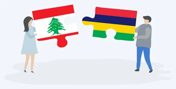 Para Trzyma Dwa Puzzle Kawałki Libańskich Maurytyjskiej Flagi Symbole Narodowe — Wektor stockowy