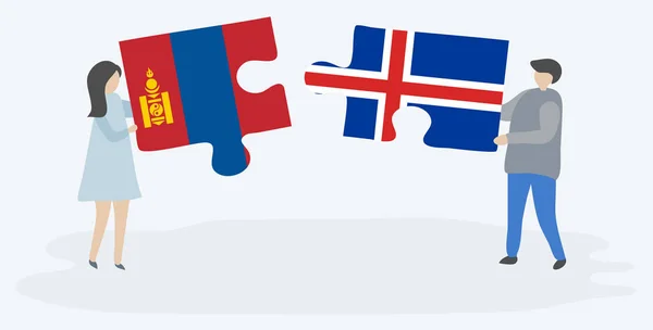 Par Som Innehar Två Pusselbitar Med Mongoliska Och Isländska Flaggor — Stock vektor