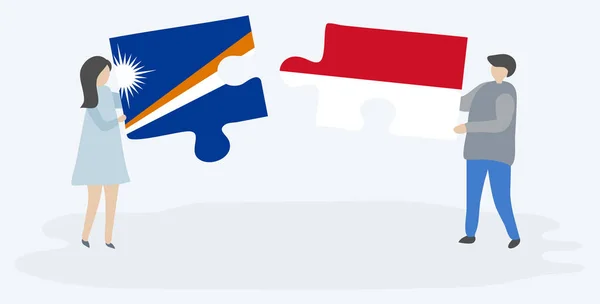 Paar Mit Zwei Puzzleteilen Mit Streckenposten Und Indonesischen Flaggen Marshallinseln — Stockvektor