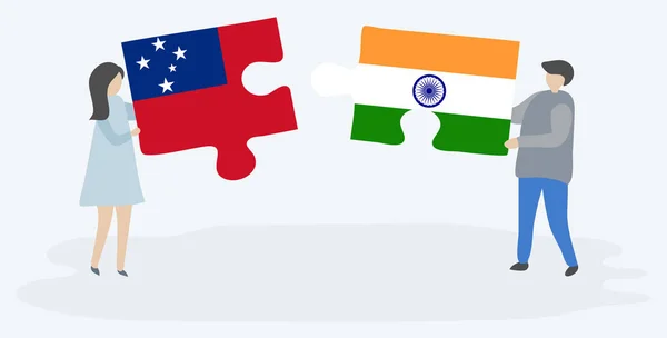 一对夫妇拿着两块拼图 上面挂着萨摩亚和印度国旗 萨摩亚和印度国家符号在一起 — 图库矢量图片