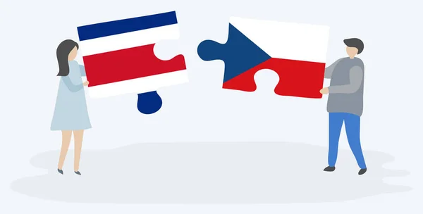 Pareja Sosteniendo Dos Piezas Rompecabezas Con Banderas Costa Rica República — Vector de stock