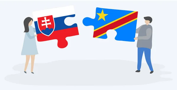 Ζευγάρι Που Κρατά Δύο Κομμάτια Παζλ Σλοβάκικες Και Κογκολέζικες Σημαίες — Διανυσματικό Αρχείο