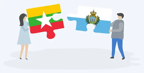 Pareja Sosteniendo Dos Piezas Rompecabezas Con Banderas Birmanas Sammarinesas Myanmar — Vector de stock