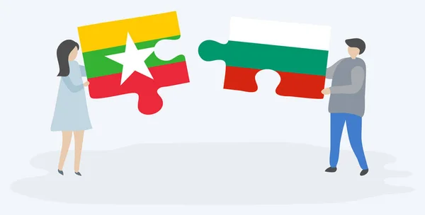 Ζευγαράκια Που Κρατούν Δύο Κομμάτια Παζλ Βιρμανικές Και Βουλγάρες Σημαίες — Διανυσματικό Αρχείο