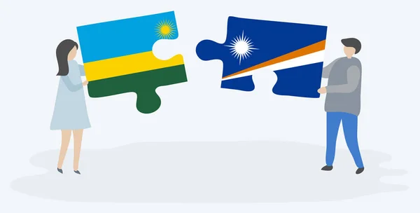 Casal Segurando Duas Peças Quebra Cabeças Com Bandeiras Ruandesas Marshallese —  Vetores de Stock