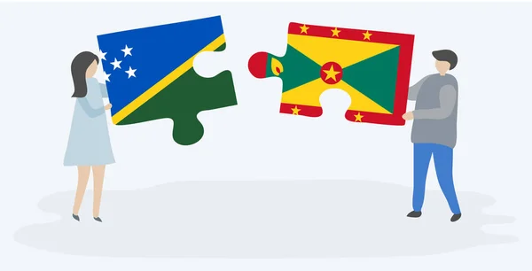 Paar Houden Twee Puzzels Stukken Met Solomon Island Grenadian Flags — Stockvector