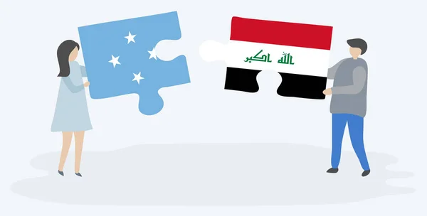 Ζευγάρι Που Κρατά Δύο Κομμάτια Παζλ Μικρονήσιων Και Ιρακινές Σημαίες — Διανυσματικό Αρχείο