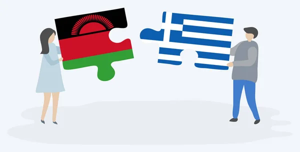 Dvojice Drží Dvě Skládanky Malawianovou Řeckými Vlajkami Vnitrostátní Symboly Malawi — Stockový vektor