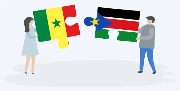 Casal Segurando Duas Peças Quebra Cabeças Com Bandeiras Senegalesas Sul — Vetor de Stock
