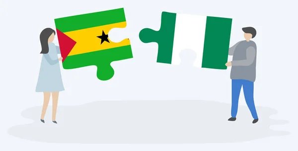 Para Trzyma Dwa Kawałki Puzzli Sao Tomean Nigerii Flagi Sao — Wektor stockowy
