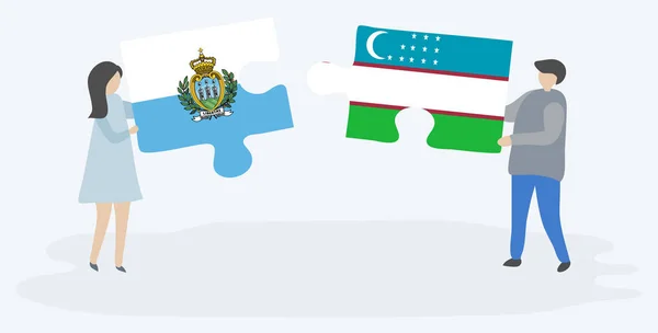 Pareja Sosteniendo Dos Piezas Rompecabezas Con Banderas Sammarinesas Uzbekas San — Vector de stock
