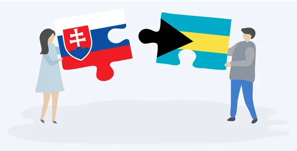 スロバキアとバハミアンの旗を持つ2つのパズルピースを保持しているカップル スロバキアとバハマの国のシンボル — ストックベクタ