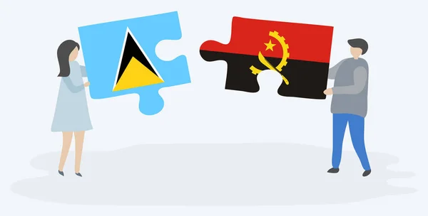 Paar Houden Twee Puzzels Stukken Met Saint Lucian Angolese Vlaggen — Stockvector