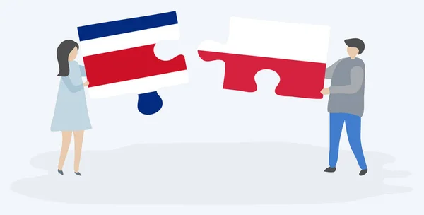 Pareja Sosteniendo Dos Piezas Rompecabezas Con Banderas Costa Rica Polonia — Archivo Imágenes Vectoriales