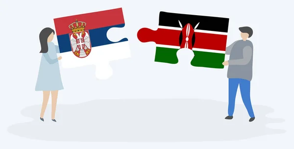 Paar Houden Twee Puzzels Stukken Met Servische Keniaanse Vlaggen Servië — Stockvector