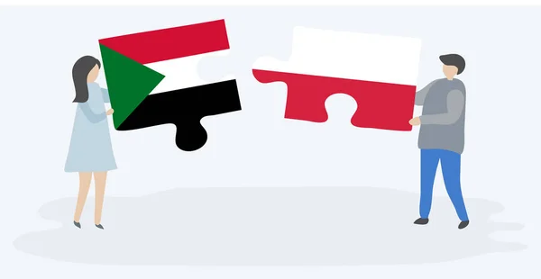 Pareja Sosteniendo Dos Piezas Rompecabezas Con Banderas Sudanesas Polacas Sudán — Archivo Imágenes Vectoriales