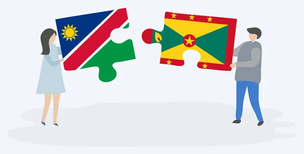 Pareja Sosteniendo Dos Piezas Rompecabezas Con Banderas Namibia Granada Namibia — Vector de stock