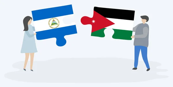 Casal Segurando Duas Peças Quebra Cabeças Com Bandeiras Nicarágua Jordânia —  Vetores de Stock
