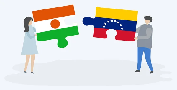 Pareja Sosteniendo Dos Piezas Rompecabezas Con Banderas Nigerianas Venezolanas Níger — Vector de stock