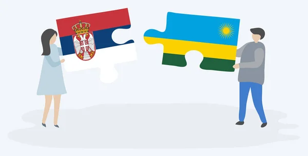 Ζευγάρι Που Κρατά Δύο Κομμάτια Παζλ Σερβικές Και Ρουάντα Σημαίες — Διανυσματικό Αρχείο
