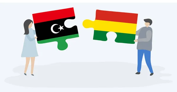 Pareja Sosteniendo Dos Piezas Rompecabezas Con Banderas Libia Bolivia Libia — Vector de stock